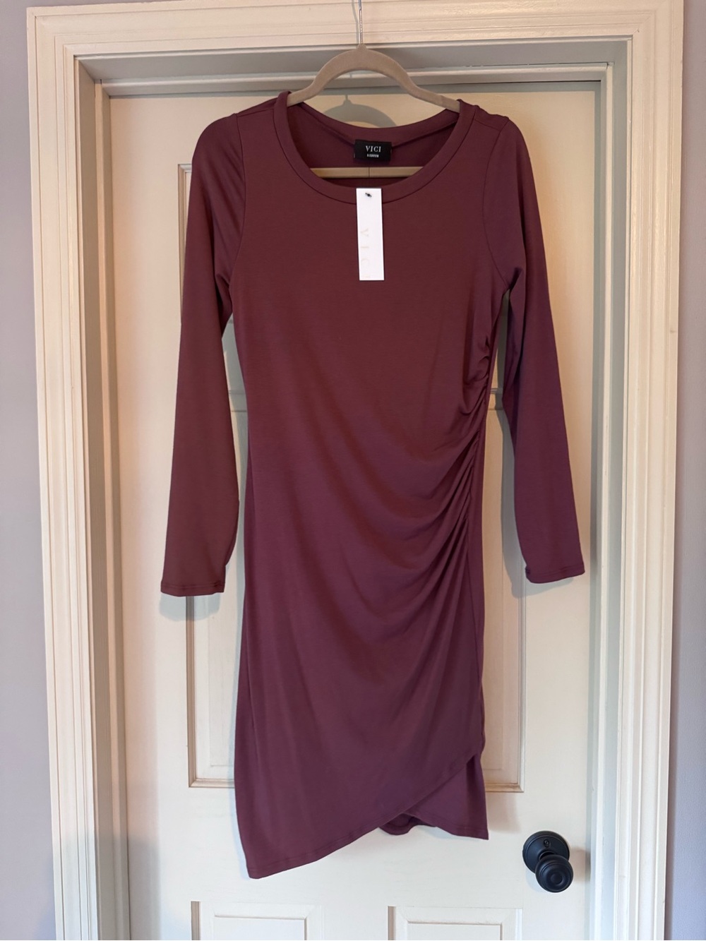 Vici Plum Long Sleeve Side-Ruched Midi Dress